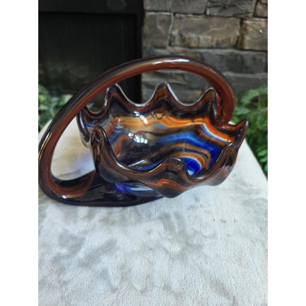 Hand Blown Art Glass Decorative Basket, Swirl Blue , Brown Amber, Handle